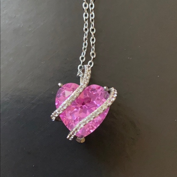 Lab created Pink and White Sapphire Heart necklace - Picture 2 of 13